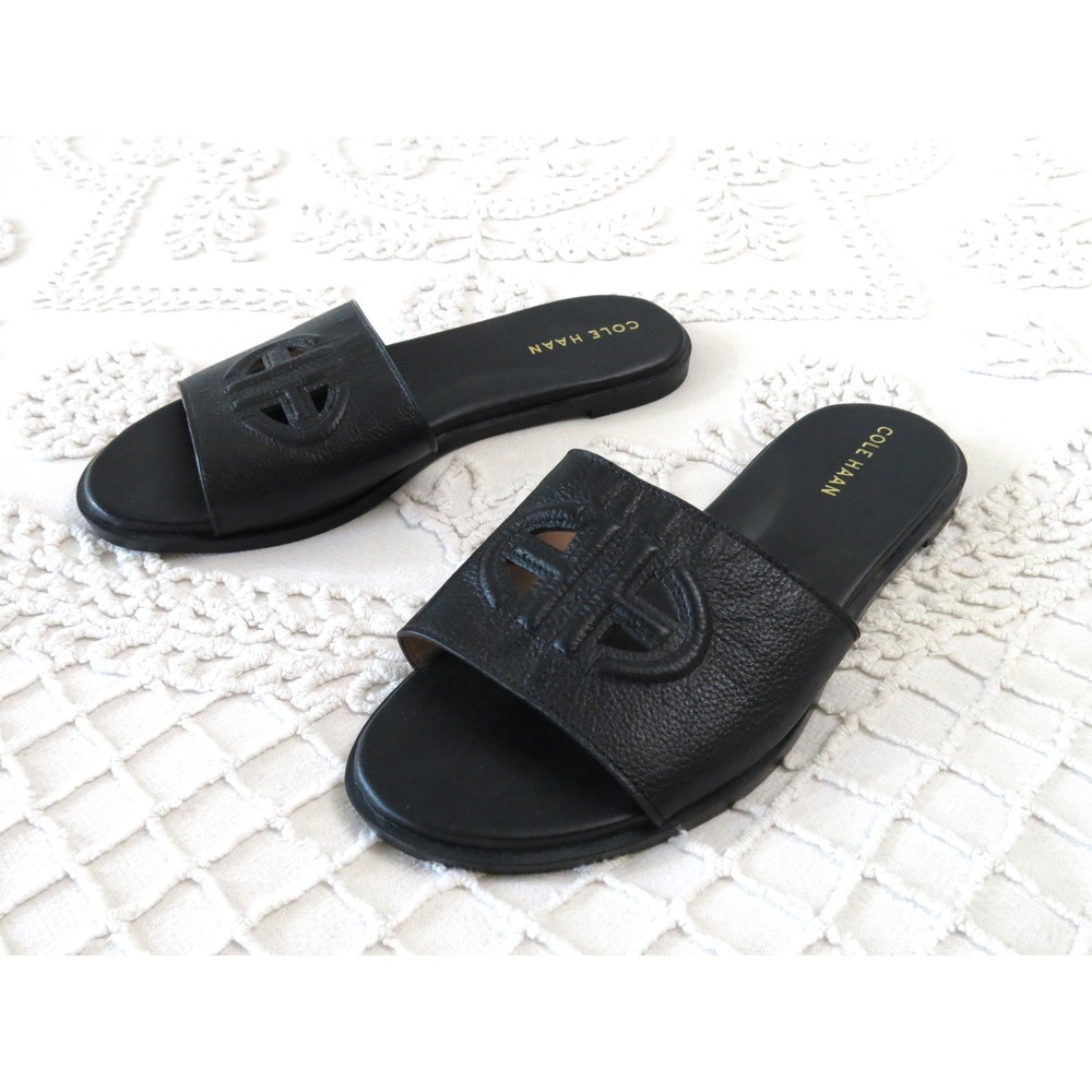 Cole Haan Womens Black Pebbled Leather Size 8 Logo Cutout Slide Sandals Flats